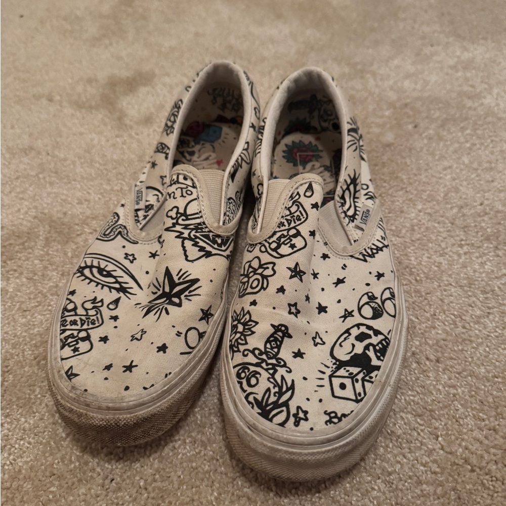 Vans White Sneakers with Black Doodle Artwork